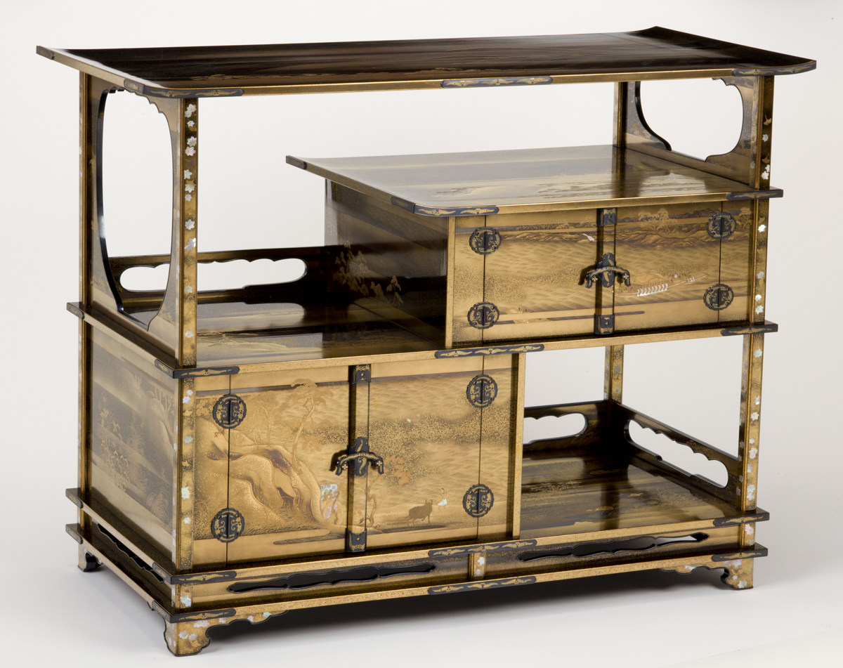 <em>Cabinet,</em> about 1900, lacquered wood, designed by Kishi Kokei (Japanese, 1840-1922), lacquer decoration by Kawanobe Itcho (Japanese, 1830-1910), Kawanobe Heiemon (1852-1926) and Funabashi Iwajiro (1859-after 1914), Private Collection, E.70.16.3