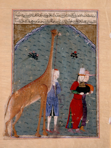 Persian, Shiraz, The Ambassadors of the Egyptian Sultan al-Nasir Faraj ibn Barquq Present
their Gifts of Tribute, Including a Giraffe, to Timur (1370&ndash;1405), 1436